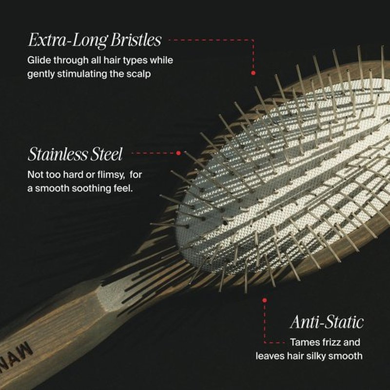 MANE IVY - Daily Wood Hair Brush - Carbonized Ash Anti-Static Paddle for Frizz-Free Styling - Stainless Steel Bristles Scalp Massage - Safe for Color & Extensions - wet brush - detangling