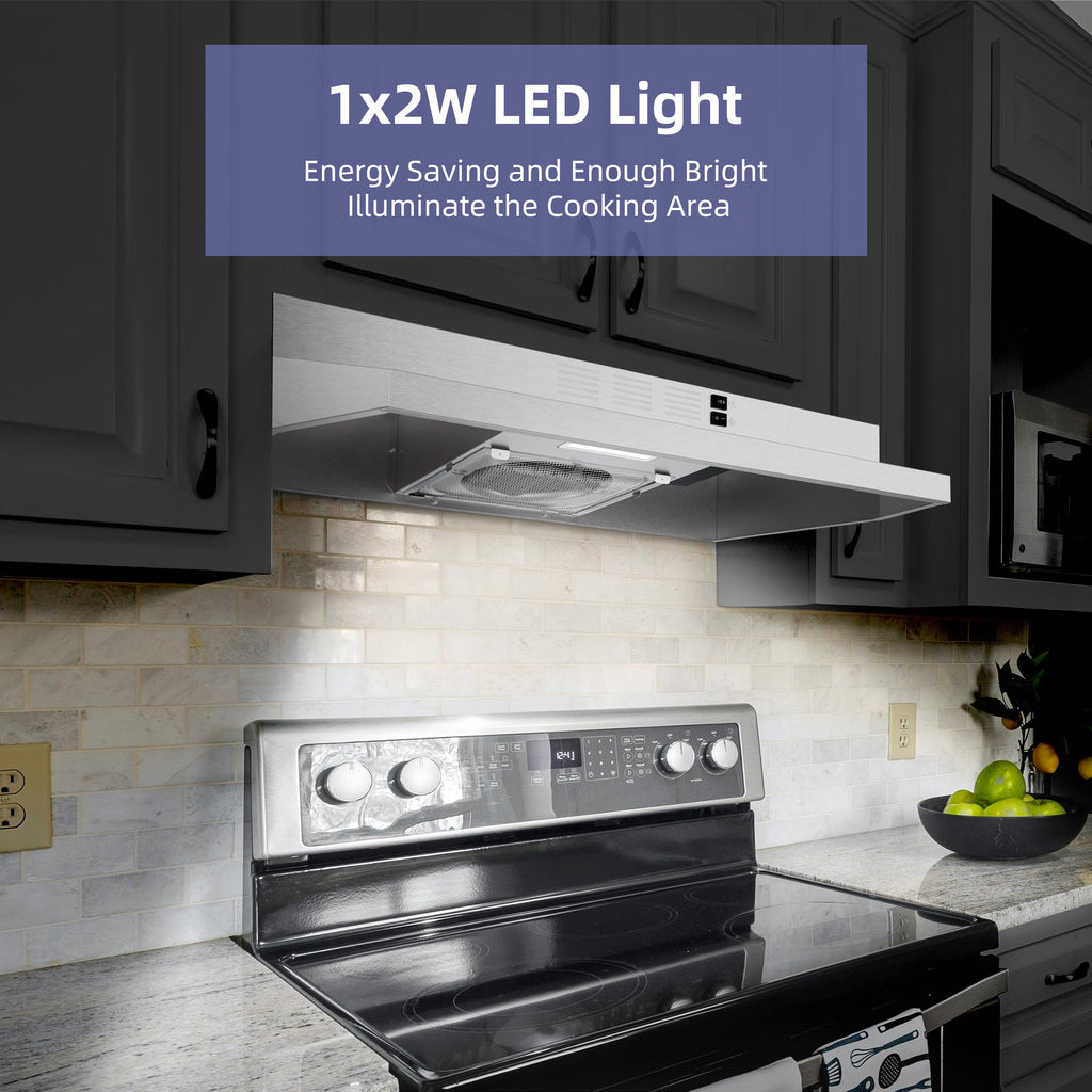 FIREGAS Under Cabinet Range Hood 30 inch, 300 CFM Ducted/Ductless Convertible, 2-Speed Exhaust Fan with LED Light & Rocker Control, Stainless Steel Kitchen Vent Hood