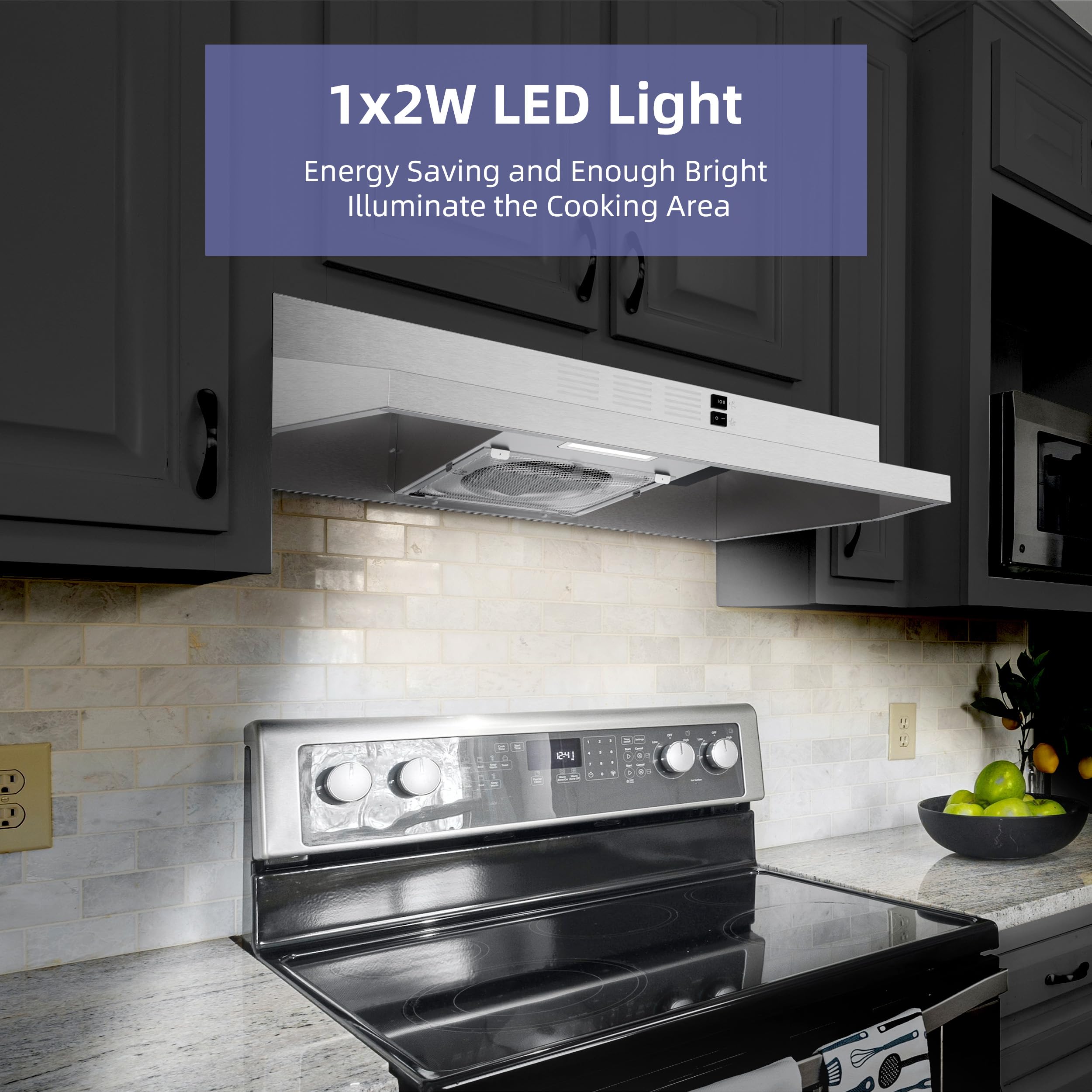 FIREGAS Under Cabinet Range Hood 30 inch, 300 CFM Ducted/Ductless Convertible, 2-Speed Exhaust Fan with LED Light & Rocker Control, Stainless Steel Kitchen Vent Hood