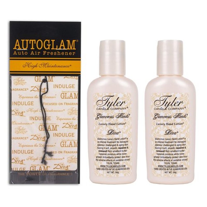 Elanze Designs Tyler Candle DIVA 2 Ounce Hand Lotion and HIGH MAINTENANCE Autoglam Air Freshener Bundle; set of 3