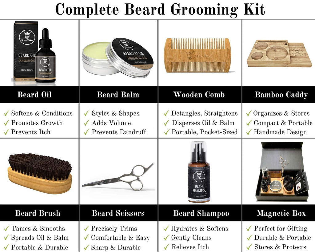 Striking Viking Beard Grooming Kit w Caddy - 7-Piece Set, Sandalwood - Softening Sandalwood Beard Oil & Balm - Brush with Mustache Comb & Scissors - Compact Caddy Organizer & Gifts for Men