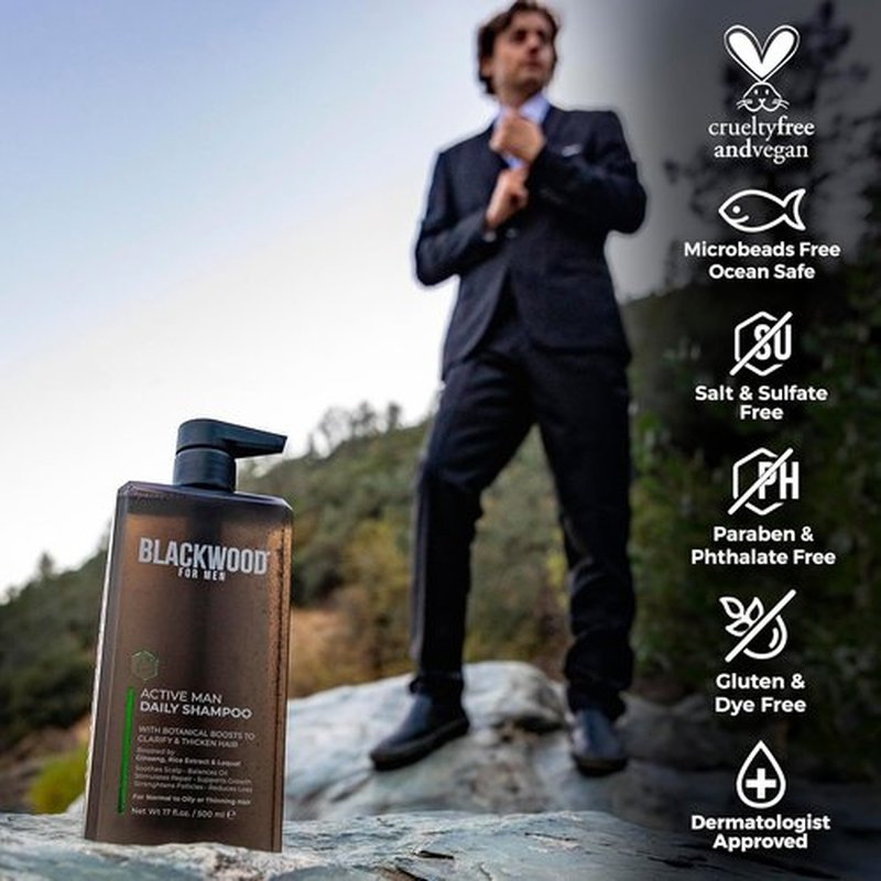 Blackwood For Men Active Man Daily Shampoo - Thickening & Clarifying Formula for Oily Hair - Natural Vegan, Sulfate-Free with Ginseng & Aloe Vera (17oz)