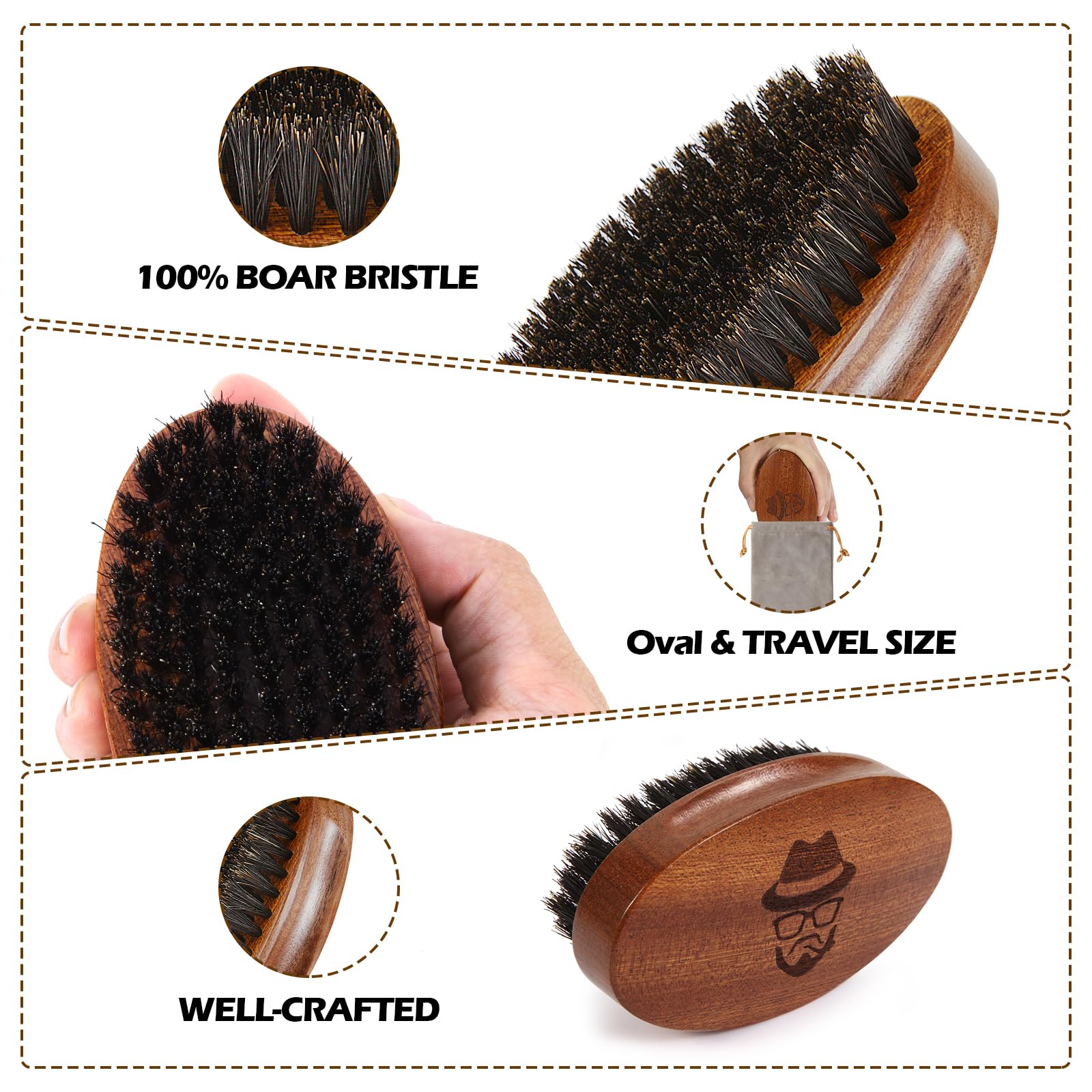 Sosoon Boar Bristle Beard Grooming Set for Men - Rectangular Brush, Comb, 2 Mustache Scissors, Travel Bag