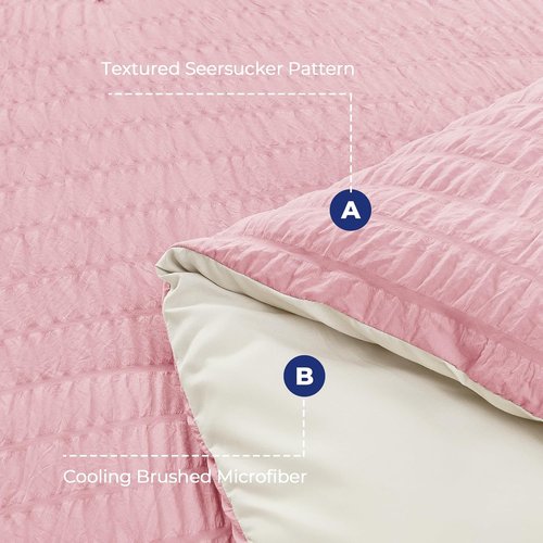 HYMOKEGE Full Size Comforter Set - Luxury Seersucker 7-Piece Bedding in Pink/Ivory for All Seasons