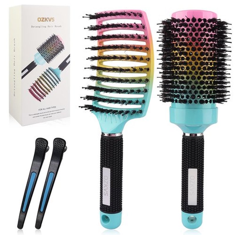 OZKVS Round & Paddle Brush Set, 4 Piece Boar Bristle Brush Set for Fine & Thick Hair, Blow Drying for Women & Men, Curl Defining & Wet Hair