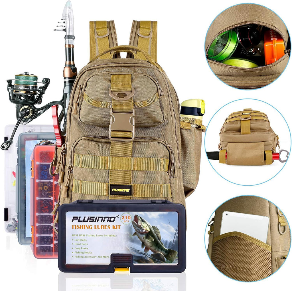 PLUSINNO Fishing Backpack Tackle Bag, Water-Resistant Backpack with Rod Holder, Ideal Gifts for Men
