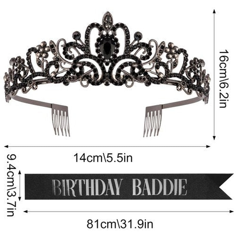 FASOTY Birthday Baddie Sash and Crown for Women Girls - Black Glitter with Silver Foil Birthday Girl Sash and Crown Funny Birthday Party Favor Supplies