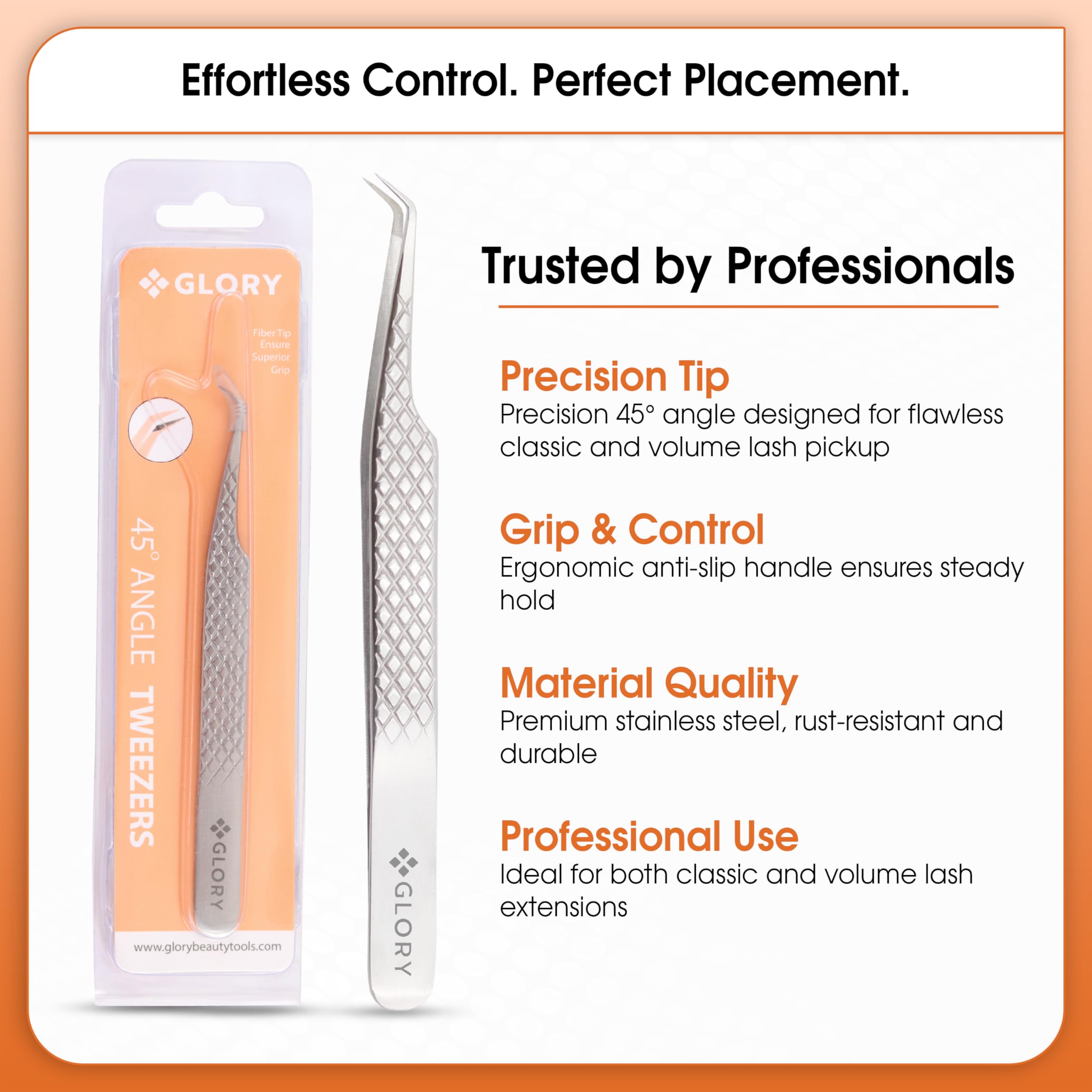 Glory Professional Angled Fiber Tip Eyelash Tweezers for Volume & Mega Volume, Diamond Grip Stainless Steel Precision Lash Extension Tweezers