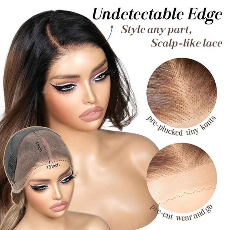 ENCOUNTERU Brown and Blonde Ombre Wig with Bangs 13x4 HD Lace Front Realistic Hairline Layered Body Wave Pre Plucked Pre Cut Synthetic Glueless Wig for Women 23 Inch