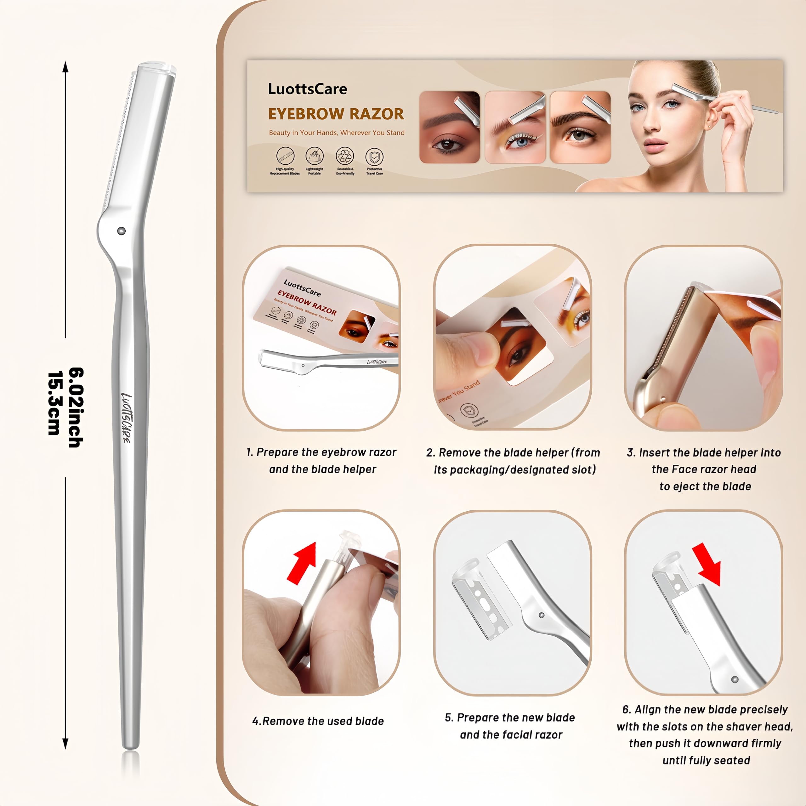 LuottsCare Stainless Steel Eyebrow Razor - Face Razors with Travel Cover & 10 Refill Blades, Eyebrow Brush - Help Exfoliate and Smooth Skin for Eyebrow, Leg, BIKINI, Facial, Beard Remove - L