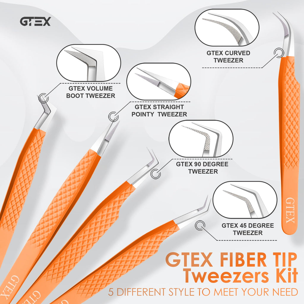 GTEX Fiber Tip Lash Tweezers For Eyelash Extension Set of 5, Professional Eyelash Tweezers For Lash Extensions - 90 45 Degree Curved Volume Tweezer Orange