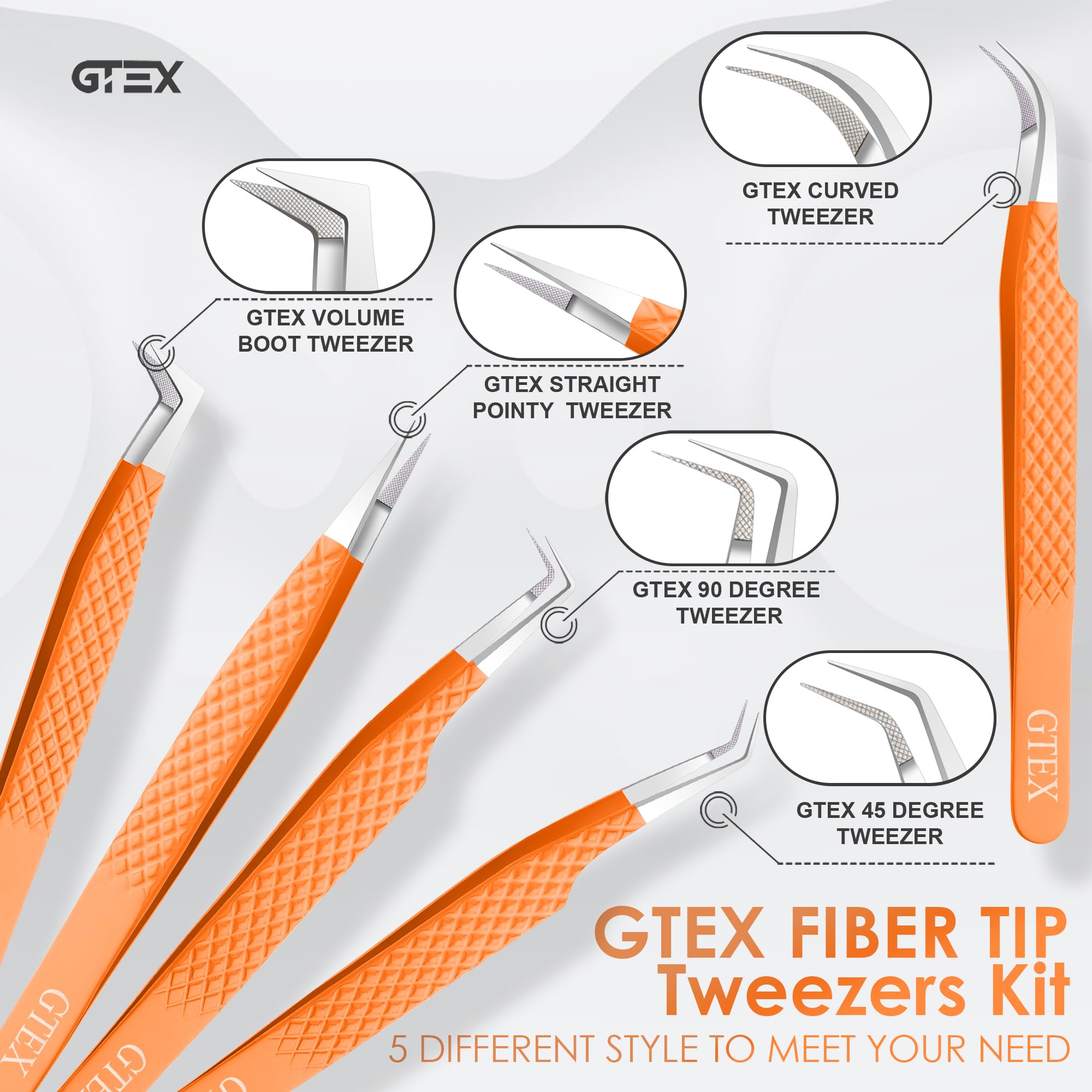 GTEX Fiber Tip Lash Tweezers For Eyelash Extension Set of 5, Professional Eyelash Tweezers For Lash Extensions - 90 45 Degree Curved Volume Tweezer Orange