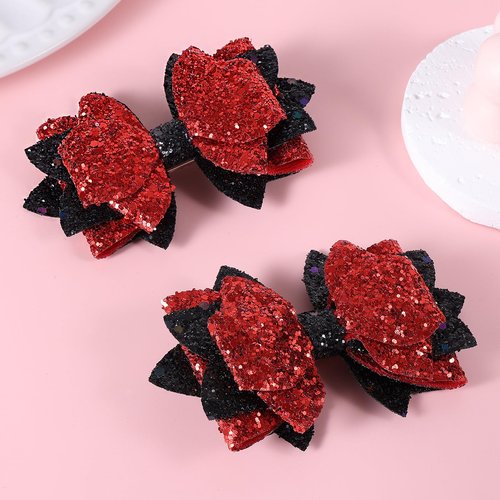 Glitter Bow Hair Clips 4 Layers Sparkly Sequin Hair Bows 3.6 Inch Kids Girls Holiday Cheer Hair Accessories for Halloween Christmas Birthday, Red & Black