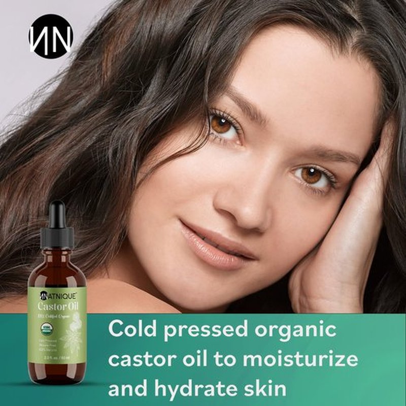 Natnique Castor Oil – USDA Certified Organic, 100% Pure Cold Pressed Unrefined Oil for Hair Growth, Eyelashes, Eyebrows & Scalp – Natural Skin Moisturizer, Lash Serum & Hair Treatment (2 Oz)