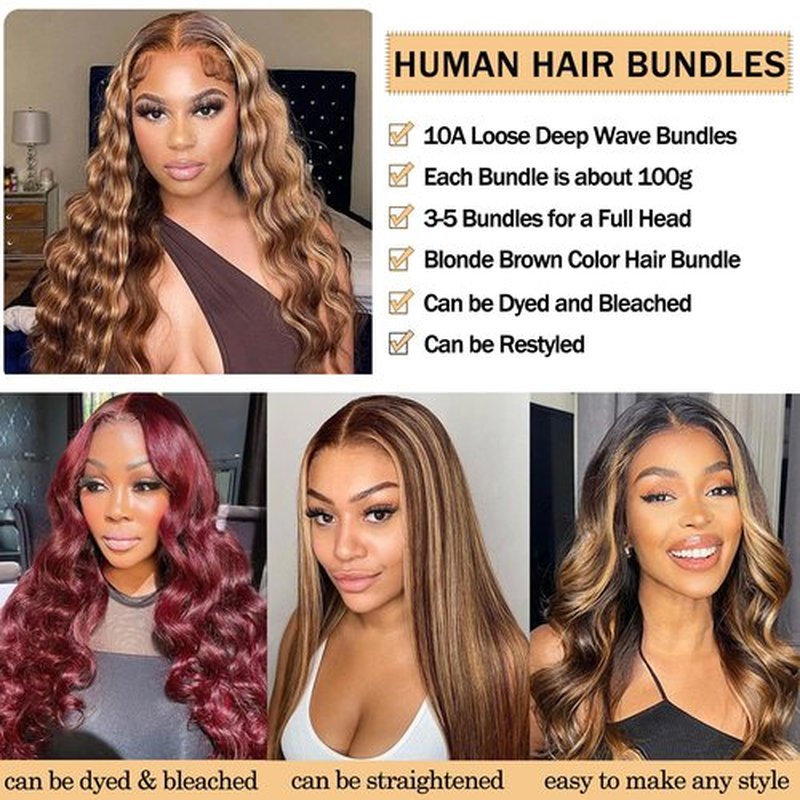 Highlight Brazilian Human Hair Bundles with Closure (12/14/16+12inch) Unprocessed Loose Deep Wave 3 Bundles Human Hair with 4x4 Swiss Lace Closure Pre Plucked, Ombre Honey Blonde Brown Curly Bundles
