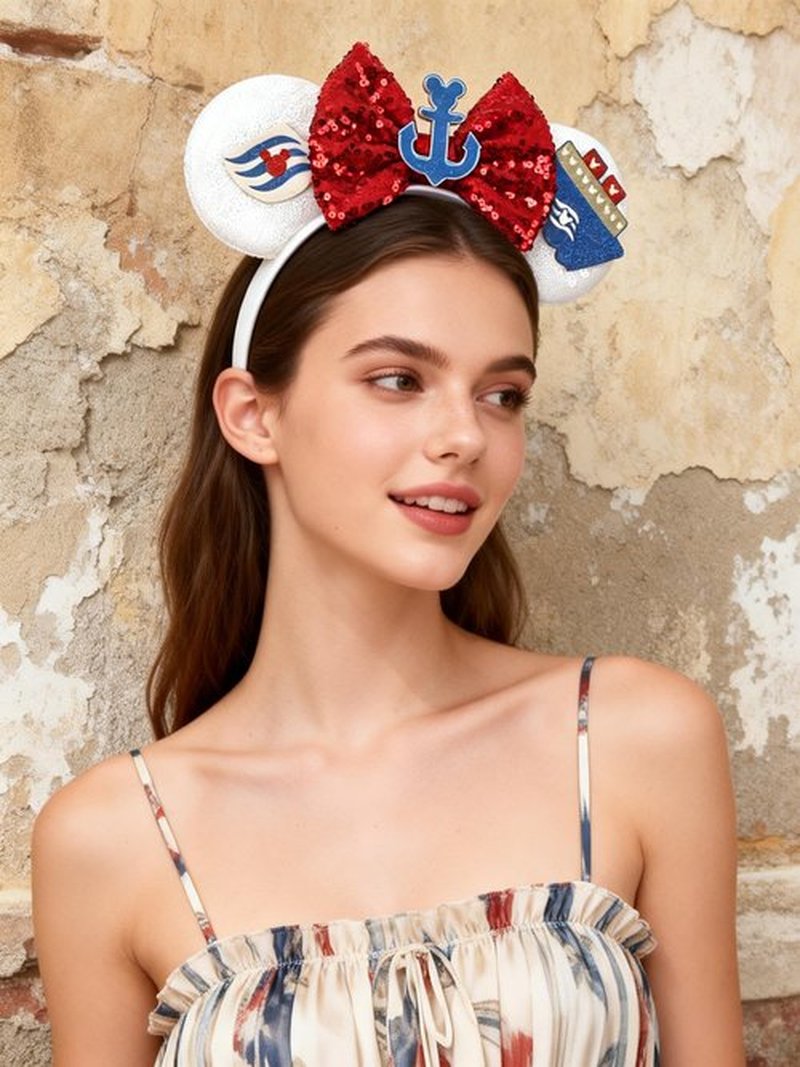 A Miaow Mouse Ears Glitter Sequin Headband Fashion Sparkle Bow Hair Hoop Women Party Costume Photography Props Accessory (Cruise Boat B)