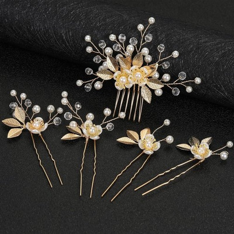 5 Pieces Gold Leaf Hair Comb and Hair Pins, Bridal Hair Accessories Wedding Hair Clip for Brides, Handmade Rhinestone Hair Vine Wedding Head Pieces for Women and Bridesmaids Flower Girls