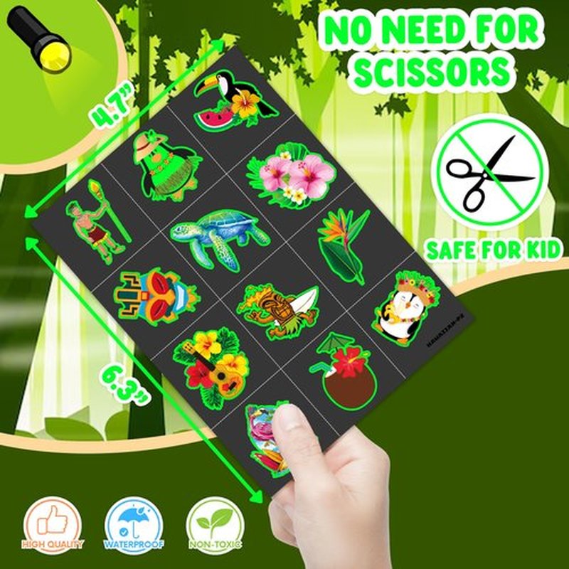 96 PCS Hawaiian Pre-Cut Tattoos Birthday Party Decorations Supplies Favors Tiki Hawaii Luau Hibiscus Temporary Tattoos Flower Tropical Summer Beach Aloha Palm Stickers School Prizes Rewards (Luminous)