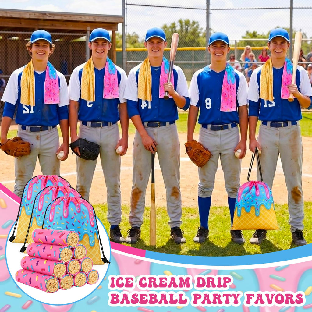 Peryiter 24 Pcs Ice Cream Drip Baseball Party Favors 12 Cooling Towels 12 Drip Drawstring Bags Bulk Sport Gifts for Teams Summer Camping Yoga Running Supplies, Chilly and Absorbent