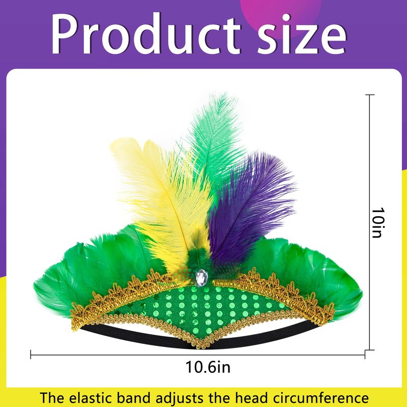 Watayo 8 Pcs Mardi Gras Feather Headband, Purple Yellow Green Masquerade Headwear, Mardi Gras Sequin Flapper Headpiece Headdress for Women Girls New Orleans Cocktail Costume Party