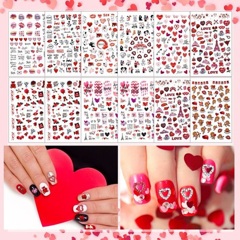 72 Set Valentine‘s Day Nail Charm 12 Pieces 3D Heart Nail Charm 48 Grids Heart Glitter Sequins for Valentine‘s Day Nail Art 12 Sheet Valentine‘s Day Nail Sticker with Nail Brushes Gems for Women Girls