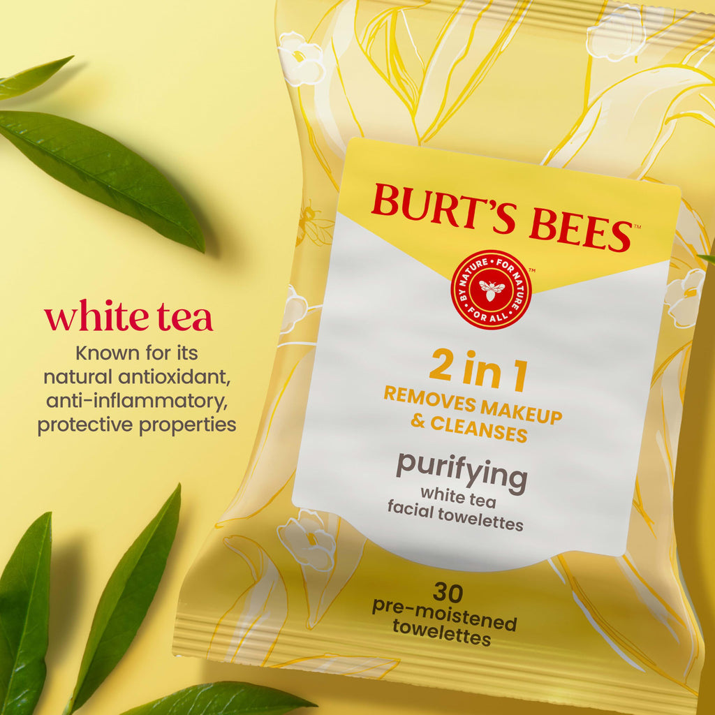 Burt’s Bees Purifying White Tea Facial Towelettes, 100% Plant Based Cloths; 99% Natural Origin; Removes Makeup and Cleanses; No Rinsing; All Skin Types (Pack May Vary)