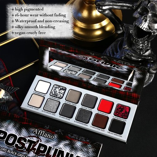 Black Gray Red Goth Makeup Palette, High Pigmented Grey Silver Brown Matte Shimmer Smokey Eyeshadow Palette, 12 Color Long Last Dark Emo Grunge Vampire Eye Shadow for Daily & Halloween Clown,Blendable