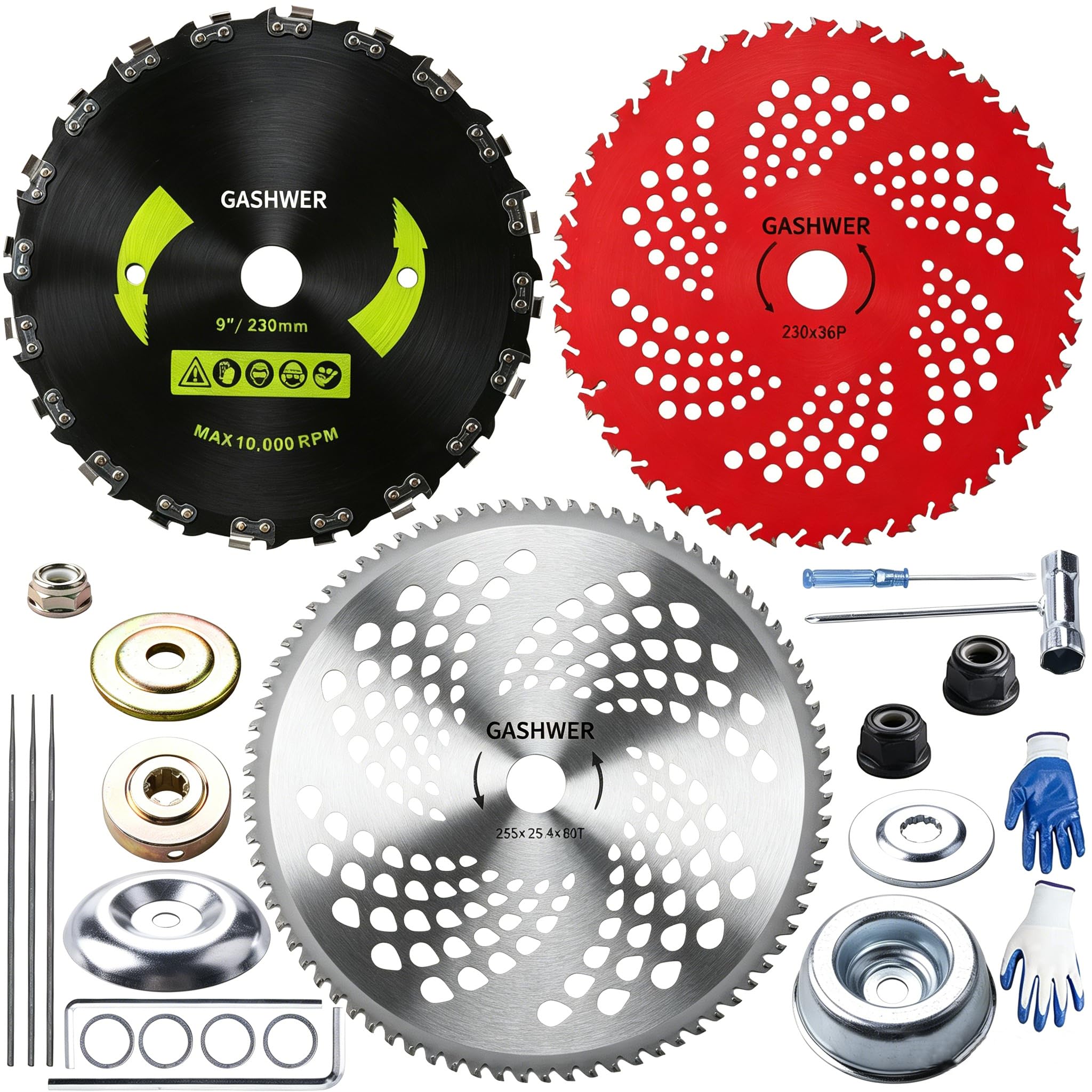 9" x 36 Teeth Carbide Tipped Blades & 9" x20T Carbon Steel Round Chainsaw Tooth Blades & 10" x 80T Brush Cutter Trimmer Blades with Adapter Kit