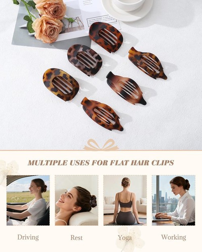 AWAYTR Flat Hair Clips For Women Lay Flat Claw Clip for Hair 6Pcs Large Hair Claw Clips for Driving Yoga (Leopard Series)
