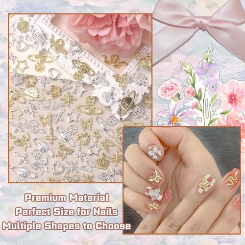 144 Pcs Silver Gold Nail Charms Y2K, 3D Butterfly Bows Planet Nail Gems Charms, Heart Cross Star Metal Nail Jewelry Charms for Nails Art Design DIY Accessories
