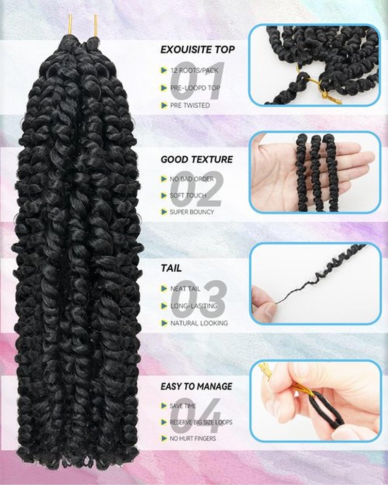 Passion Twist Crochet Hair for Black Women-10 Inch 8 Packs Natural Black, Pre Looped Pretwisted Hair Extensions,Braided by Synthetic Spring Kinky Twist Bohemian Curl(10"-8P,1B)