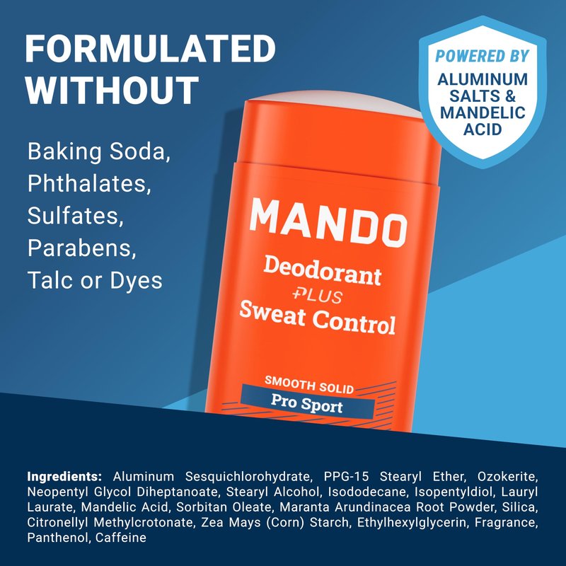 Mando Antiperspirant Deodorant Sweat and Odor Control for Men – Extra Strength Smooth Solid Stick – 72 Hour Performance – Baking Soda Free, Skin Safe – 2.6 oz – Pro Sport – Pack of 2