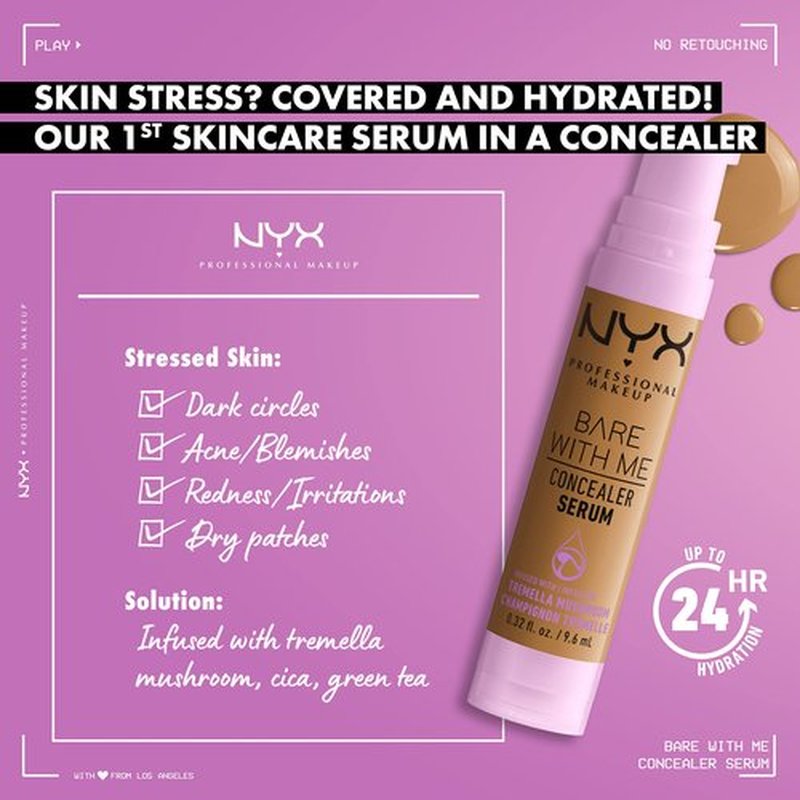NYX PROFESSIONAL MAKEUP Bare With Me Concealer Serum, Up To 24Hr Hydration - Medium Golden