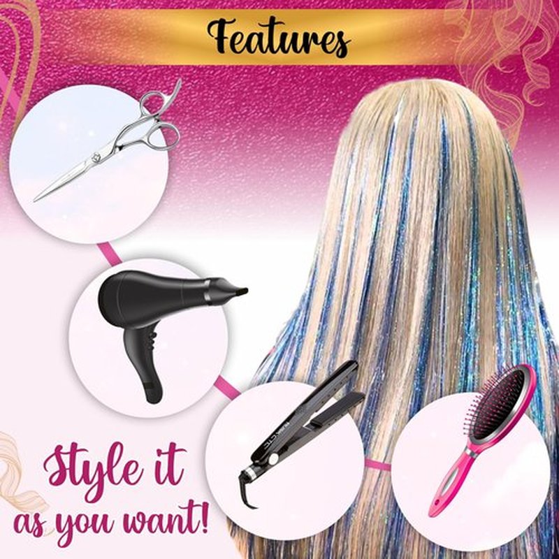 Andou | 14 Colors | Up To 6800 Strands | Heat Resistant Hair Tinsel Kit For Girls, Women & Kids | 48 Inch | One Wooden Threader & Crochet | One Plier | Two Hair Clips | Two Hundred Beads