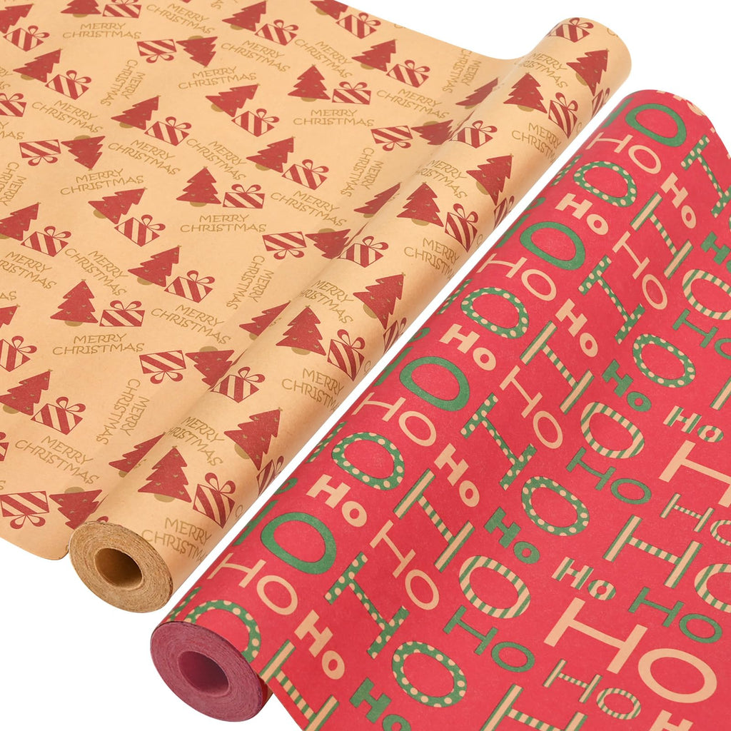 AhfuLife 2 Rolls Christmas Wrapping Paper - 17 Inch × 49.2 Feet Per Roll, Recyclable Red Brown Kraft Xmas Wrapping Paper for Gift Box Decoration