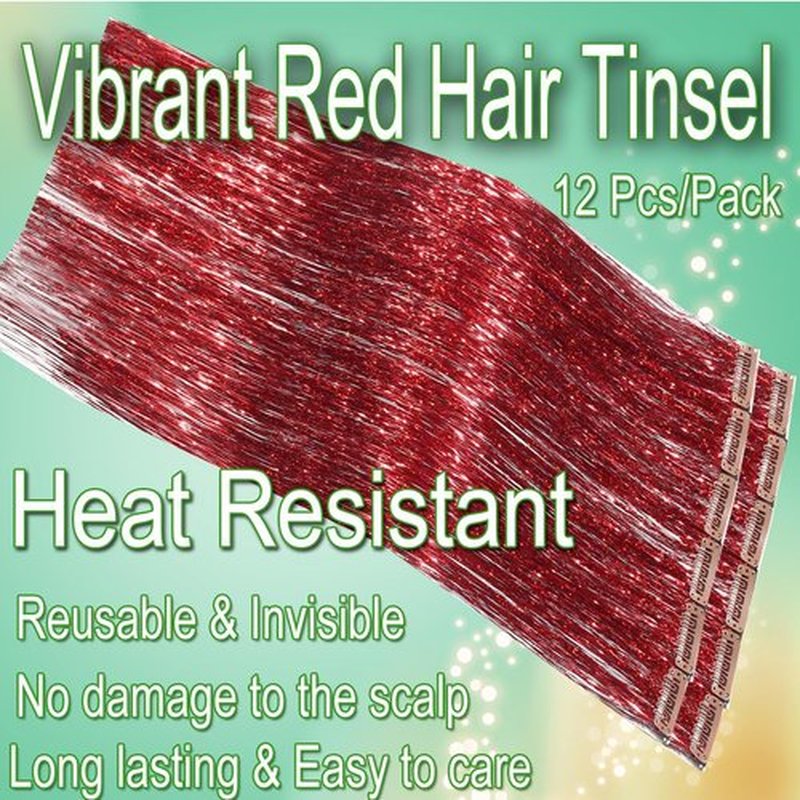 HandWig Hair Tinsel Red, Sparkle Strands for Styling, Clip In, 24 Inches 12 Pcs,Salon Quality Fairy Hair,Bold Glitter Hair Strands for Parties and Holidays for Women