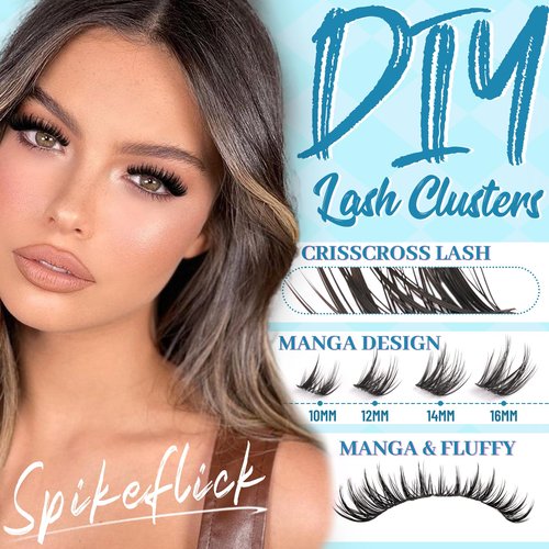 Manga Lash Clusters with Invisiable Bond 10-16mm Fluffy Lash Clusters Spiky Eyelashes Cluster Wispy 144pcs Lashes Cluster Look Like Lash Extensions (Spikeflick)