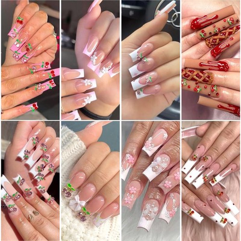 HNUIX 3D Nail Charms - Multiple Shape, Shiny Gems,Pink & Red & White, Flowers, Resin Bows Heart, Flat Back Cherry Nail Rhinestones, for Nail Art, DIY Manicure Decor