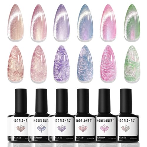 modelones Cat Eye Gel Nail Polish, 6 Colors Shimmer Pearl Magnetic Nail Drawing Set with Magnet, Iridescent Mermaid Swirl Shell Thread Purple Pink Blue Glitter, DIY Manicure Gift for Women Girl
