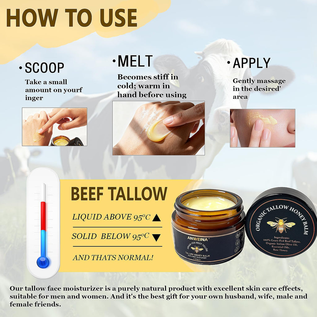 Loobexery Organic Grass-Fed Tallow Honey Balm, Beef-Tallow for Skin Whipped Beef Tallow and HoneyBalm with Raw Honey - Natural Beef Tallow Face Moisturizer for Body & Face (2 Oz)