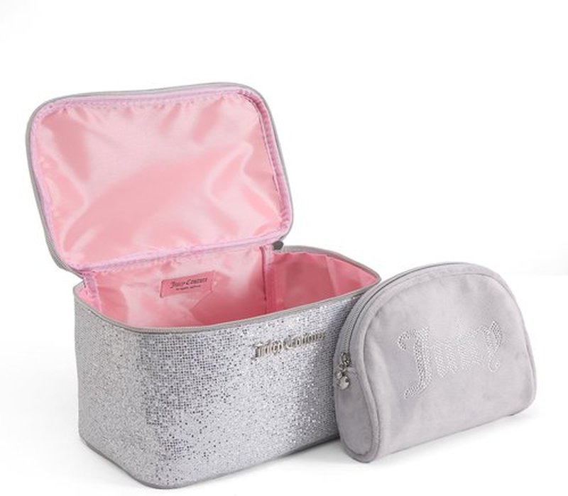 Juicy Couture Silver Sparkle Makeup Bag Set - Glittery Cosmetics Organizer & Travel Case
