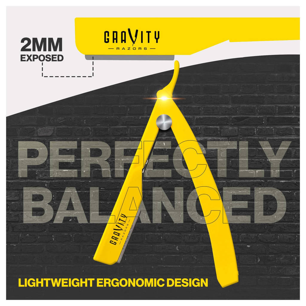 Gravity Razors Professional Straight Razor - Minimal Exposure Straight Razor Kit with 10 Derby Premium Blades (Yellow, Ultra Exposed 2mm Exposed - Yellow)
