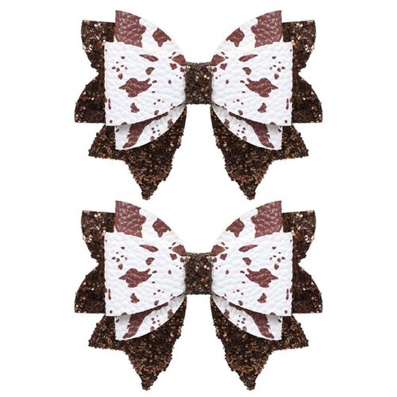 2 Pack 3.5-Inch Glitter Sparkly Brown Cow Hair Bow Clips for Western Cowgirls Cute Moo Cow Alligator Hairpins Barrettes Toddler Teens Women Kids Birthday Party Decorations Gift