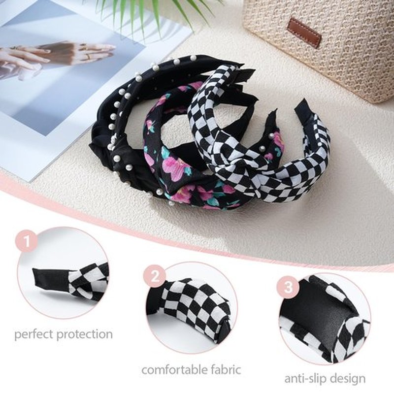 AWAYTR 4-Pack Headbands for Women Wide Elastic Top Knotted Pearl Hair Bands for Girls Hair Accessories (Black, One size)
