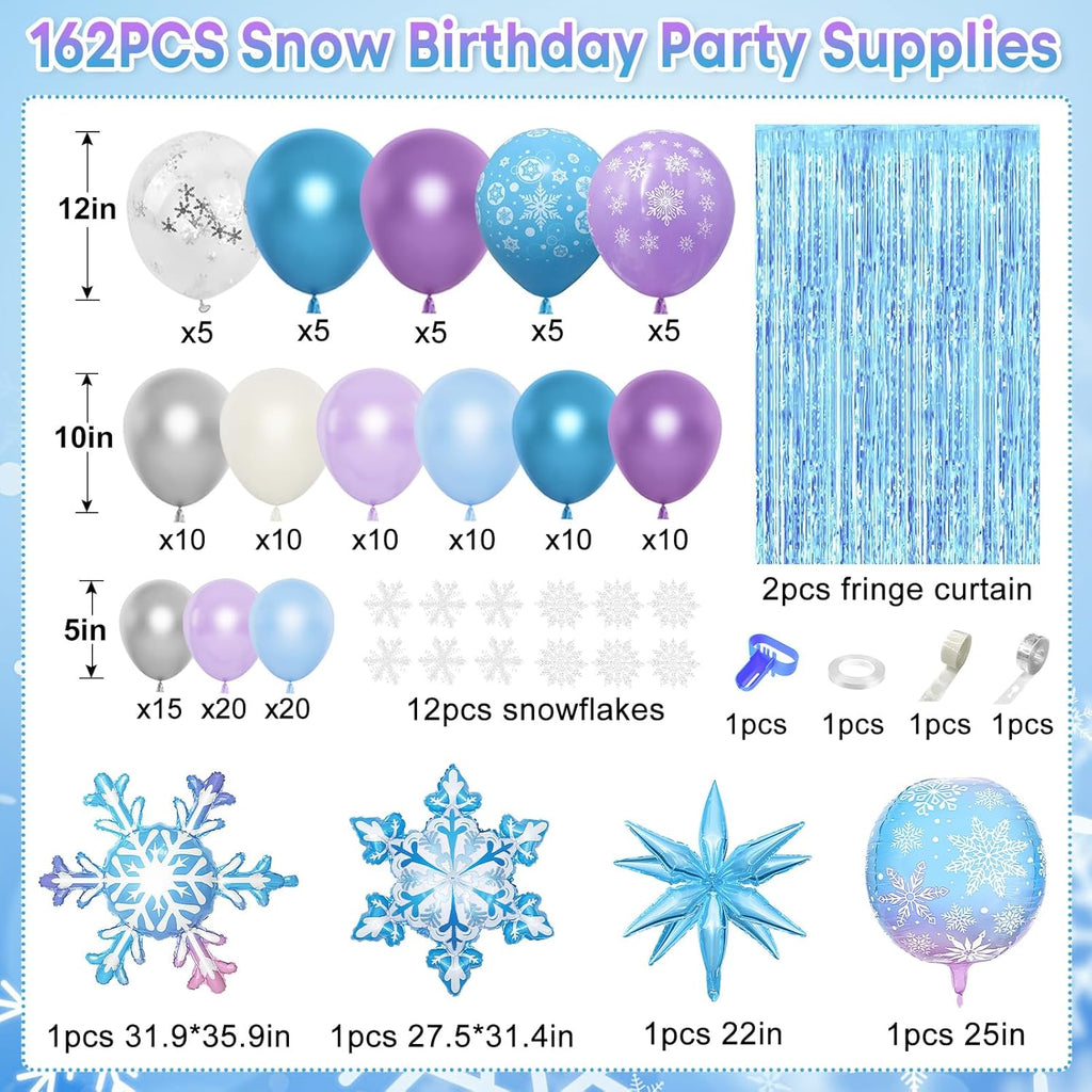 Amandir 162PCS Snow Birthday Party Supplies - Snow Balloon Garland & Fringe Curtain | Blue & Purple Winter Wonderland Decor