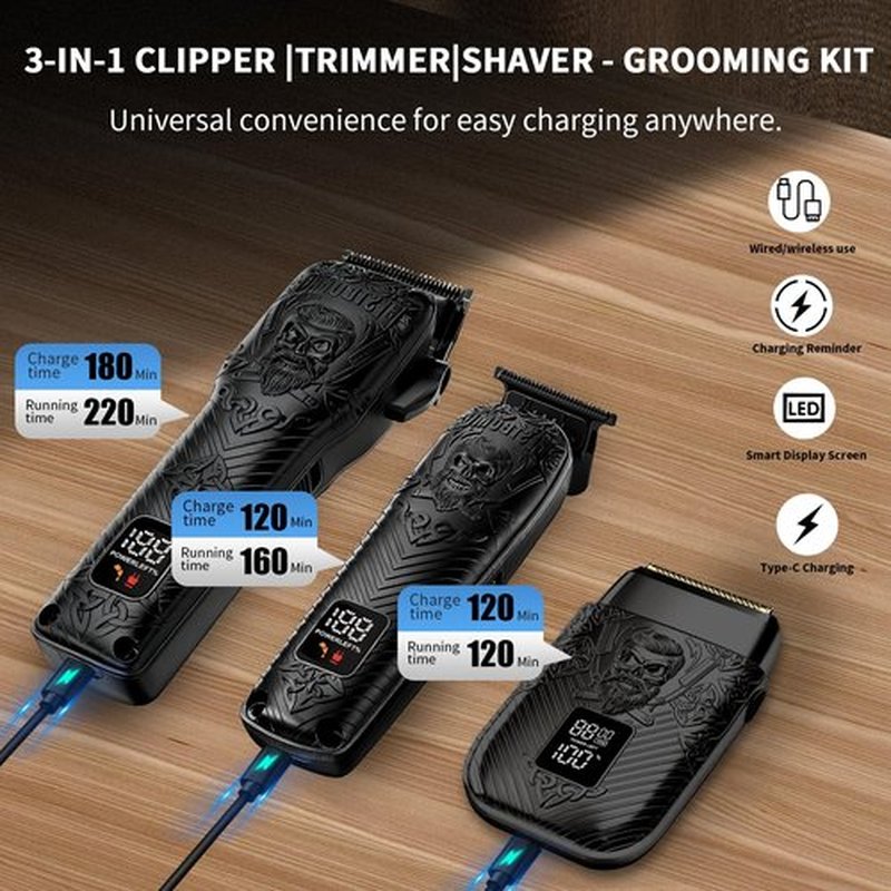 BESTBOMG Professional Cordless Mens Hair Clippers & Beard Trimmer and Electric Shavers Kits & Sets,Metal Hair Clippers Cutting Grooming Kit with Long Battery Life for Family Barber Use (Black)