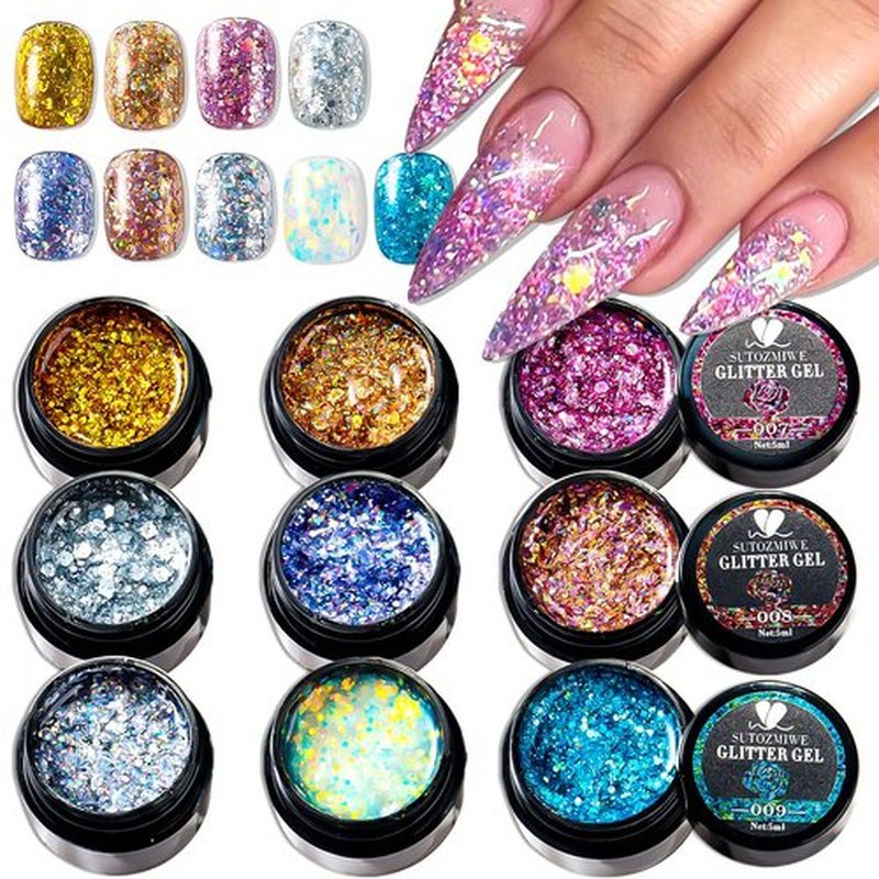SUTOZMIWE Glitter Gel Nail Polish Set, 9 Colors Glitter Sequins Nail Gel Holographic Laser Effect Sparkle Shimmer 3D Gels Nail Polish Soak Off Curing Need Home Salon DIY Manicure Nail Art Design