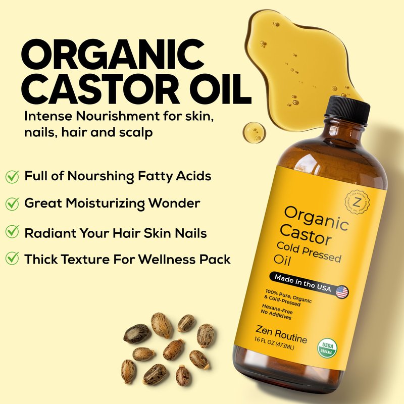 Zen Routine Organic Golden Castor Oil Glass Bottle 16oz (Single) — Hexane Free – Cold Pressed Unrefined – For Hair Growth, Lashes & Castor Pack Wrap – USDA Certified — Made in USA