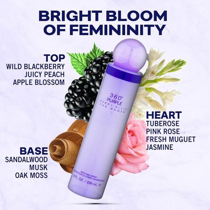 Perry Ellis 360 Purple Body Mist for Women - Refreshing 8 oz Fragrance Spray