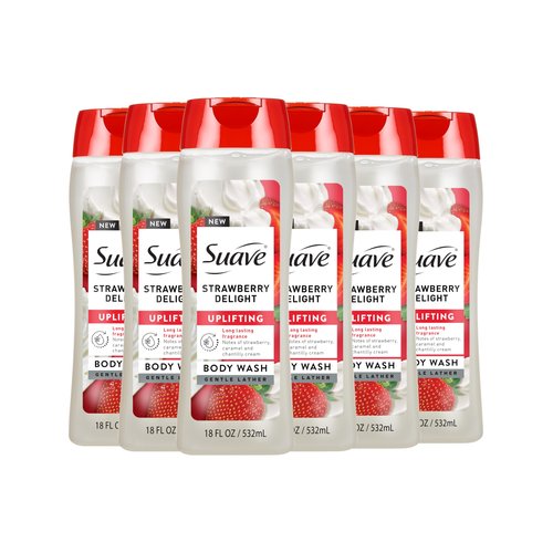 Suave Strawberry Delight Uplifting Body Wash, Formulated with Glycerin and Vitamin E for Hydrating and Gently Cleansing Skin, 18 oz, 6 Pack